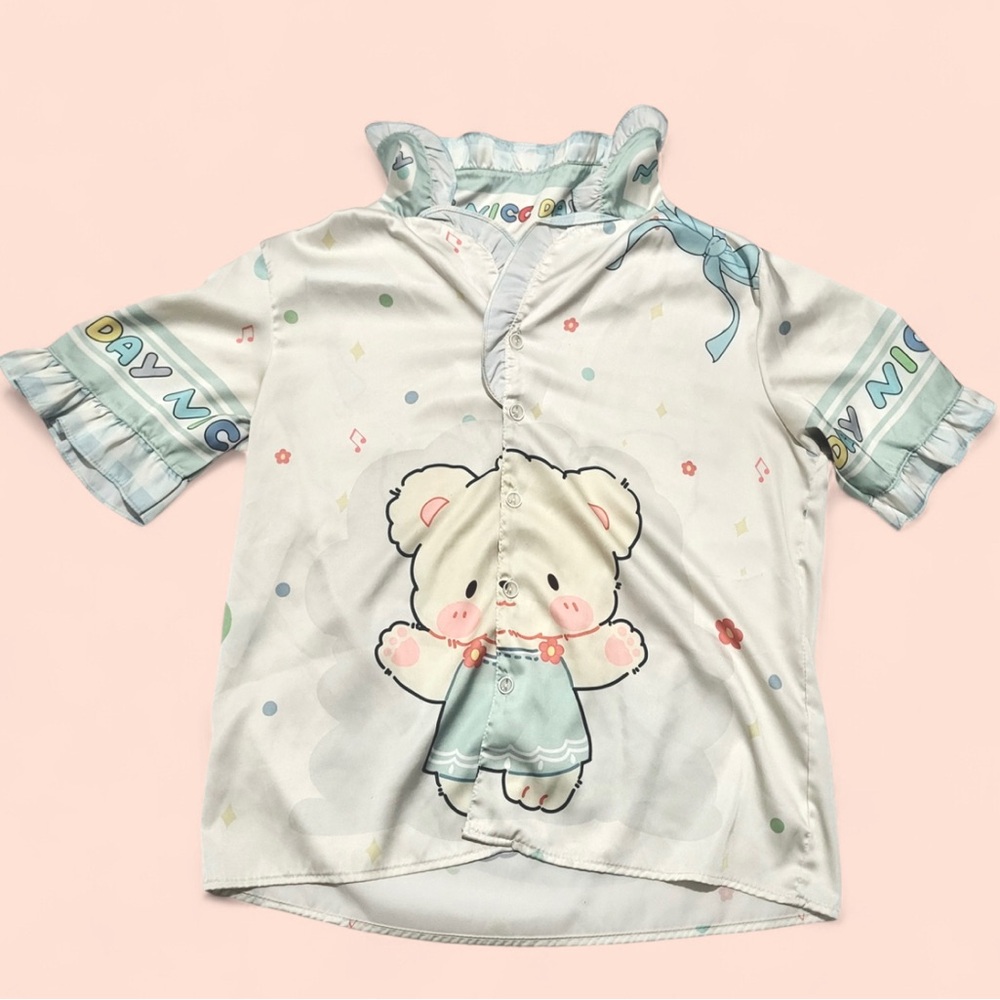 Women’s Kawaii Top Teddy Bear Ruffles Button Shirt Pajama Lounge size Small